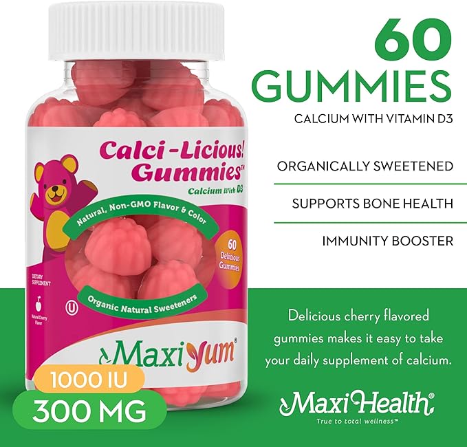 Maxi Health - Calcium Gummies with Vitamin D3 (60 Count) - 300 mg Coral Calcium & 1000 IU Vitamin D Gummy - Chewable Kosher Calcium D3 Gummies for Adults, Women, Men & Kids - Calcium Chews Supplement