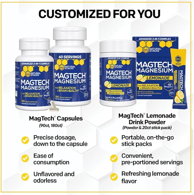 Magtein Magnesium L-Threonate, Glycinate & Taurate - MagTech Magnesium Powder - Sugar Free Lemonade Drink - 200mg Chelated Triple Complex - Supports Relaxation & Brain Health* - 30 Servings