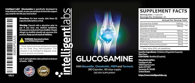 Intelligent Labs Glucosamine and Chondroitin High Strength Complex with MSM | 180 Capsules | Immune System Support | with Turmeric, Boswellia, and Quercetin Joint Care Supplements