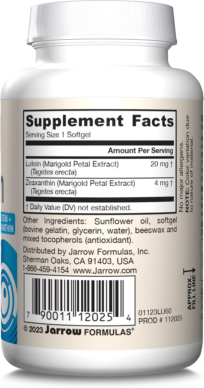 Jarrow Formulas Lutein 20 mg With Zeaxanthin, Dietary Supplement for Visual Function and Macular Health Support, 60 Softgels, 60 Day Supply