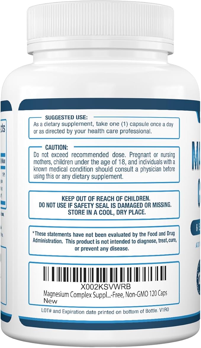 Purely Optimal Magnesium Complex - High Absorption Magnesium Supplement with Magnesium Citrate, Glycinate, Malate & More - High Absorption, Gluten Free, Soy Free, Non-GMO - 120 Capsules
