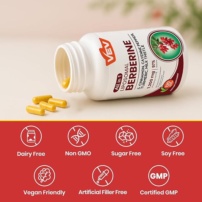 VEV Berberine Supplement with Ceylon Cinnamon, Cayenne Pepper, Turmeric, Milk Thistle, Vegan & Non-GMO – 120 Capsules