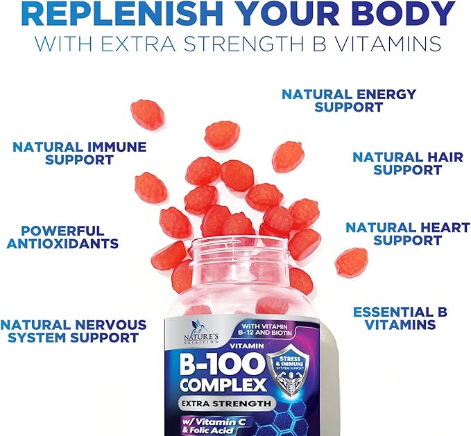B Complex Gummy with Vitamin C & Folic Acid, Extra Strength Vitamin B Gummies Supplement with Niacin, B6, Folic Acid, Super B12, Biotin, Nature's Energy Immune Support Supplements - 120 Gummies