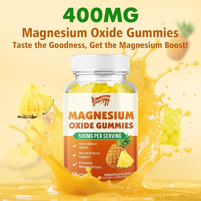 2 Pack Magnesium Oxide 500mg Gummies for Adults & Kids, Supports Nerve Muscle & Bone Health, Vegan Non-GMO Dietary Supplement with Pineapple Flavor, 120 Gummies