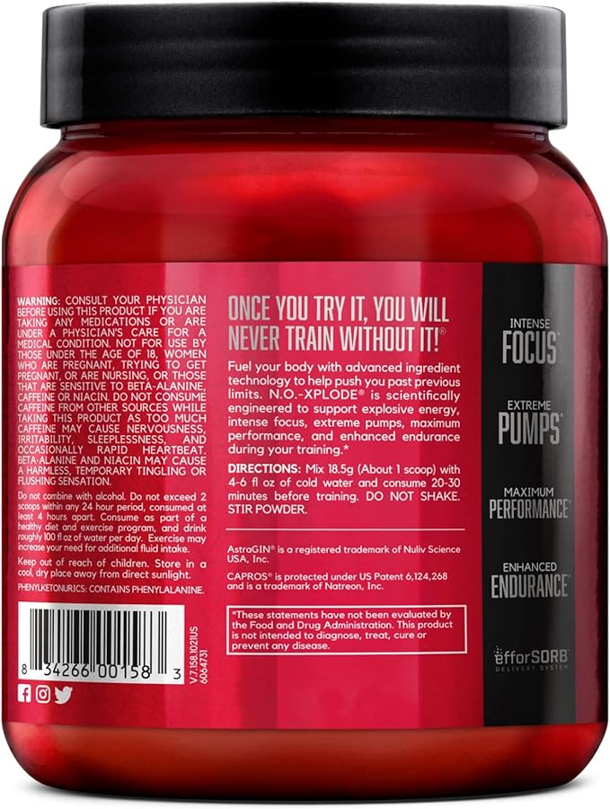 BSN N.O.-XPLODE Pre Workout Powder, Energy Supplement for Men and Women with Creatine and Beta-Alanine, Flavor: Watermelon, 30 Servings