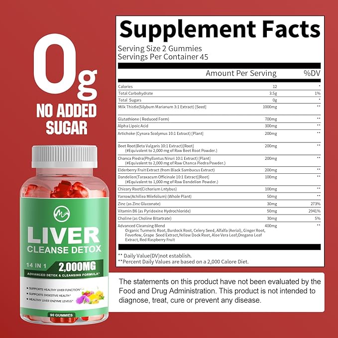 Liver Cleanse Detox & Repair Gummies, Sugar Free Liver Health Support Supplement with 2000mg Milk Thistle, Glutathion, Dandelion, Alpha Lipoic Acid, Artichoke, 2 Pack, 180 Count, Raspberry Flavor