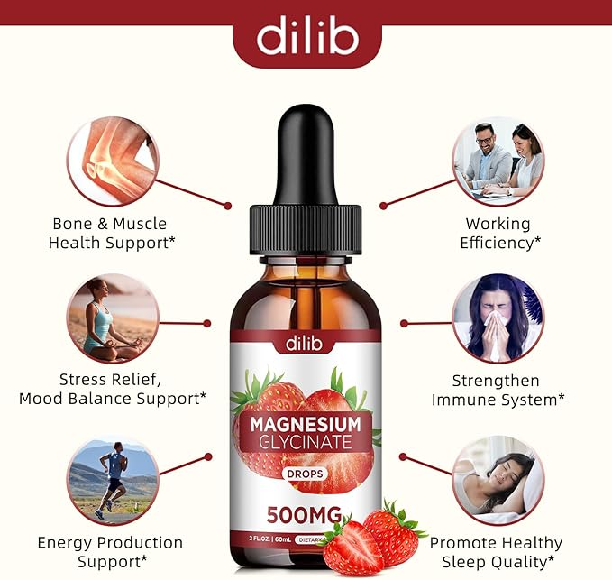 Magnesium Glycinate Supplement, Liquid Magnesium Glycinate Liquid Drops 500mg-Support Stress Relief, Relaxation, Mood, Sleep, Bone & Muscle-2 Fl Oz, Vegan, Strawberry Flavor