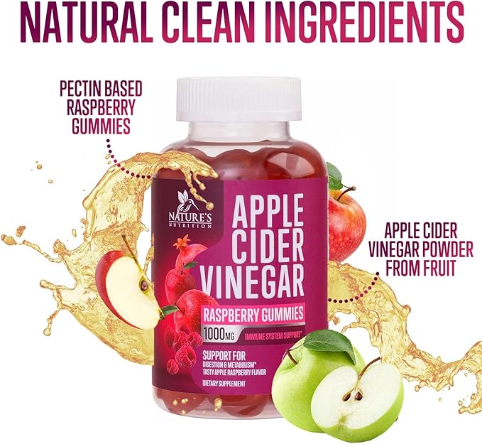 Vegan Apple Cider Vinegar Gummies 1000mg for Detox & Cleanse, ACV Gummy Vitamin B12 for Digestion Metabolism & Immune Health Support, Natural Apple Raspberry Flavor, Gluten Free - 60 Gummies