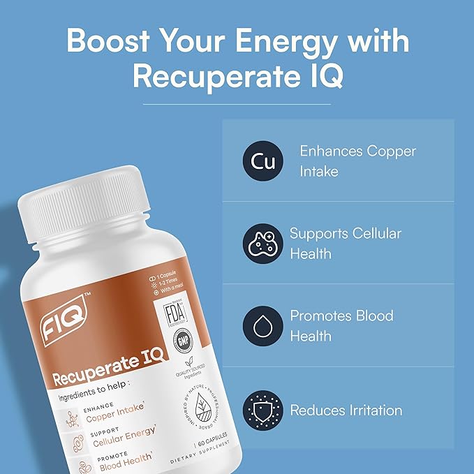 FIQ - Recuperate IQ - 5-in-1 Copper Supplements with Copper Bisglycinate - Easy-to-Swallow 2mg Capsules - High Absorption, Boosts Energy - 60 Capsules