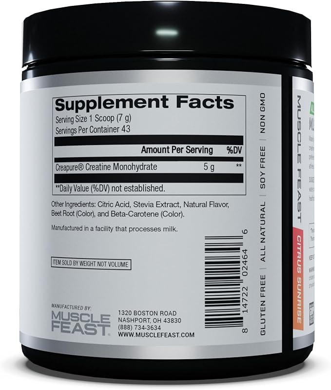 Muscle Feast Creapure Creatine Monohydrate Powder, Vegan Keto Gluten-Free, All Natural No Artificial Ingredients, Citrus Sunrise, 300g