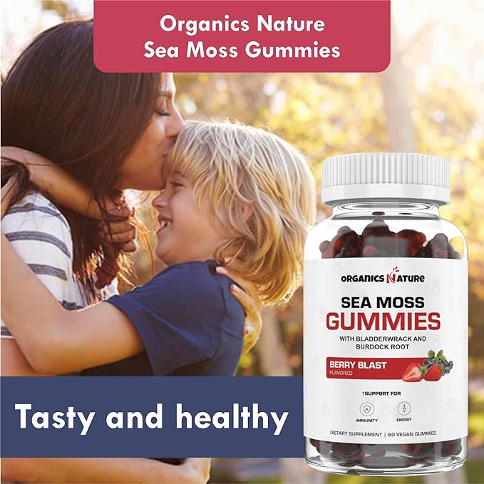ORGANICS NATURE Irish Sea Moss Gummies for Lung Detox, Thyroid, Strength Immune & Energy Support, Vegan Seamoss Gummies for Kids & Adults - 60 Vegan Gummy Bears Berry Flavored