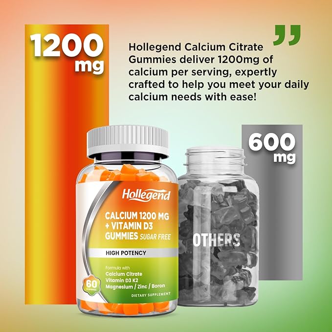 Calcium 1200 mg with Vitamin D3 Gummies, Calcium Citrate Chewables with Magnesium Zinc Vitamin K2 Boron, Bone Health, Sugar Free, 60 Count