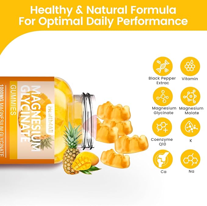 Magnesium Glycinate Gummies 1000mg, High Absorption Sugar Free Magnesium Potassium Supplement for Relaxation, Stress Relief, and Sleep Support for Adults & Kids - 90 Mango Pineapple Gummies
