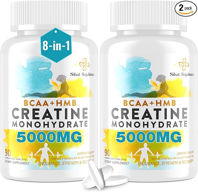 8-in-1 Creatine Monohydrate with BCAA & HMB, 5000 mg for Men & Women, Creatine Chews for Muscle, Recovery, Endurance & Strength, High Absorption, Lemon Flavor, Sugar-Free, 180 Tablets
