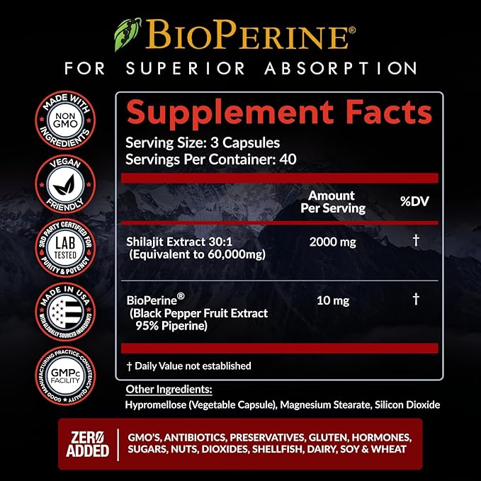 Pure Himalayan Shilajit Capsules Supplement (60,000mg+ Absorption Enhancer+50% Fulvic Acid) Natural 30:1 Shilajit with 85+ Trace Minerals for Energy, Performance, Immune Support| Non GMO| 120 Pills