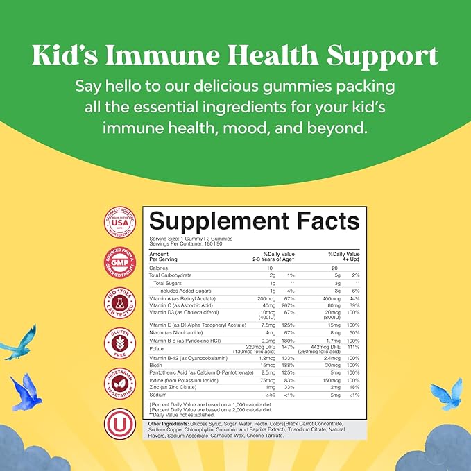 Plant Based Kids Multivitamin Gummies - Multivitamin for Kids Immunity Support Gummies with Vitamins A C D3 E B and Zinc Gelatin and Gluten Free Non-GMO Vitamins Gummy Formula 180ct