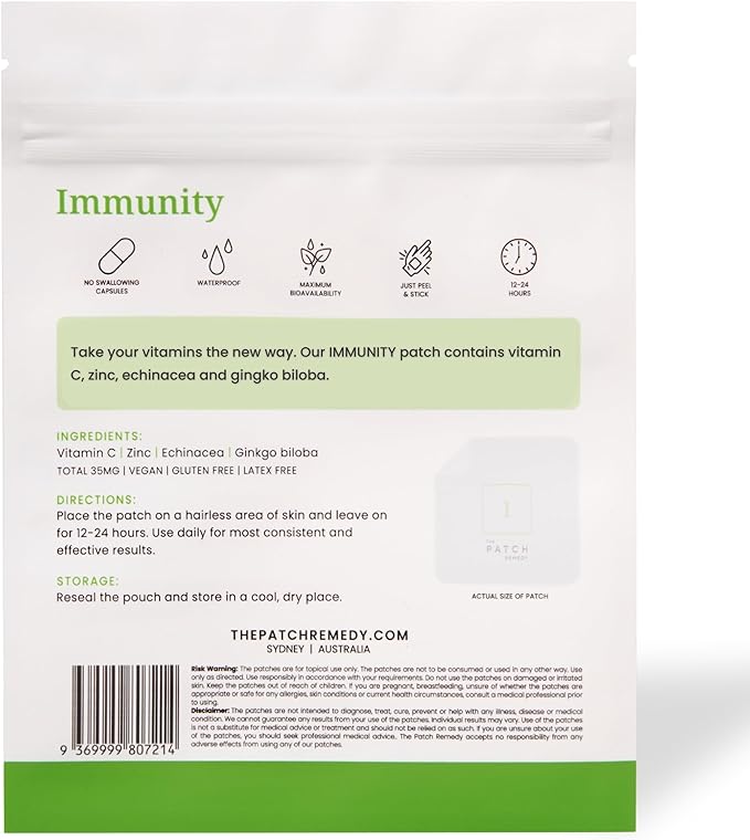 Immunity Patches - 30 Topical Immune Patches Containing Vitamin C, Zinc, Echinacea Extract & Ginkgo Biloba, Lasts 24 Hours