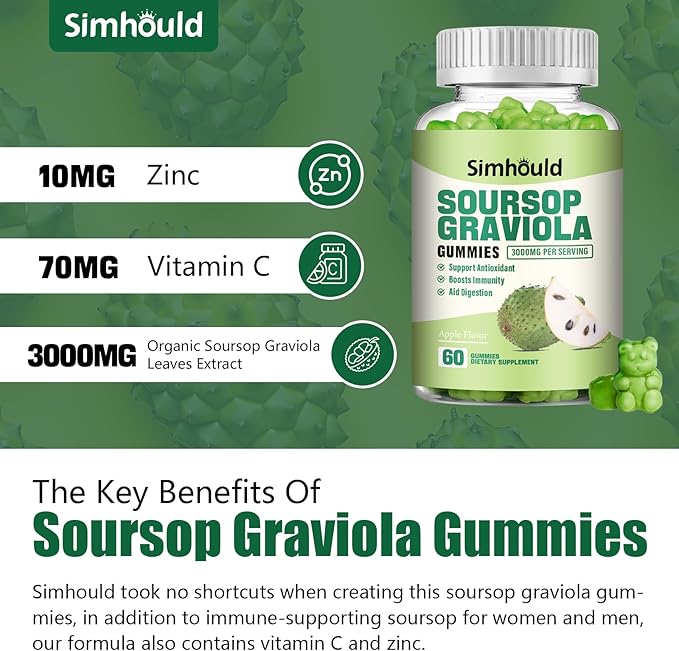 2 Pack Soursop Graviola Gummies - 3000mg Extra Strength Soursop Leaves Supplement with Vitamin C, Zinc - Digestive Aid, Immune Support & Antioxidant - Sugar-Free, Non-GMO, Vegan, 120 Counts