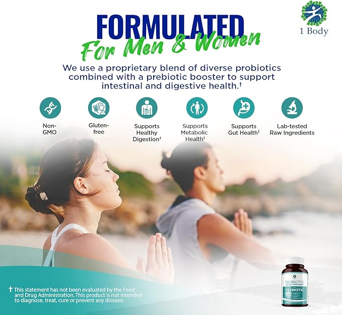 1 Body 30 Billion CFU Probiotic Supplement with Prebiotics – Patented Acid Resistant Capsules to Promote Gut Health, Support Immune System – Probiotics for Women and Men - 60 Vegetarian Capsules
