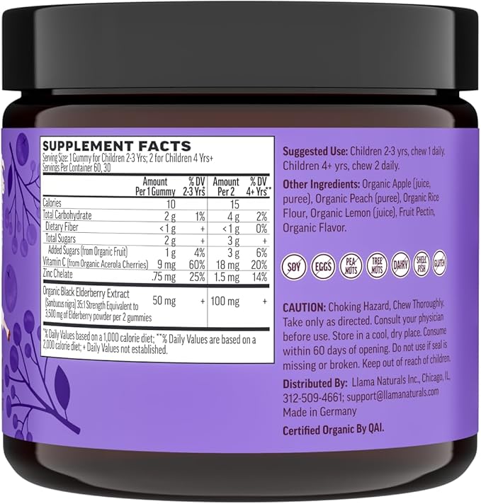 Llama Naturals Elderberry Gummies for Kids, Vegan, Organic Immune Support Supplement with Vitamin C and Zinc, Toddler Real Fruit Gummy Vitamins for Immunity, Chewable, No Added Sugar Cane, 60 Ct