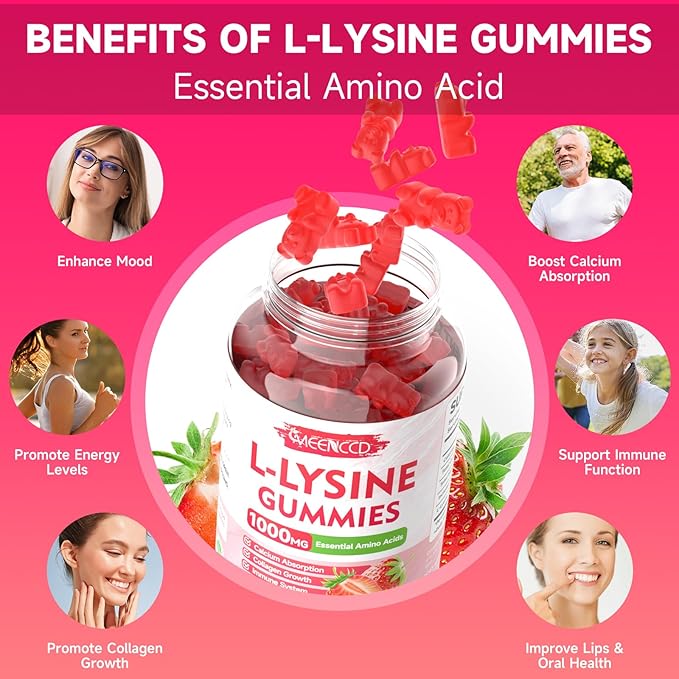 2 Pack L-Lysine 1000mg Gummies, Lysine Supplement for Adults & Kids, Essential Amino Acid for Oral & Lips Health, Boost Immune & Calcium & Collagen, Sugar-Free, Strawberry Flavor, 120 Count
