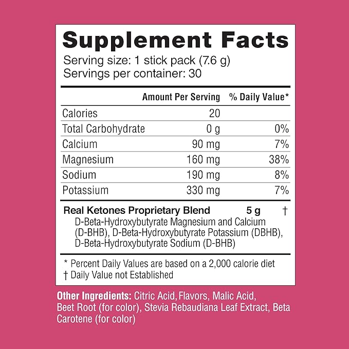 Real Ketones BHB Exogenous Ketones Drink Mix Packets Keto Electrolytes Powder Packets No Sugar with 4 Main Fasting Electrolytes Plus Hydrating Patented Keto BHB - 30 Count Raspberry Lemonade