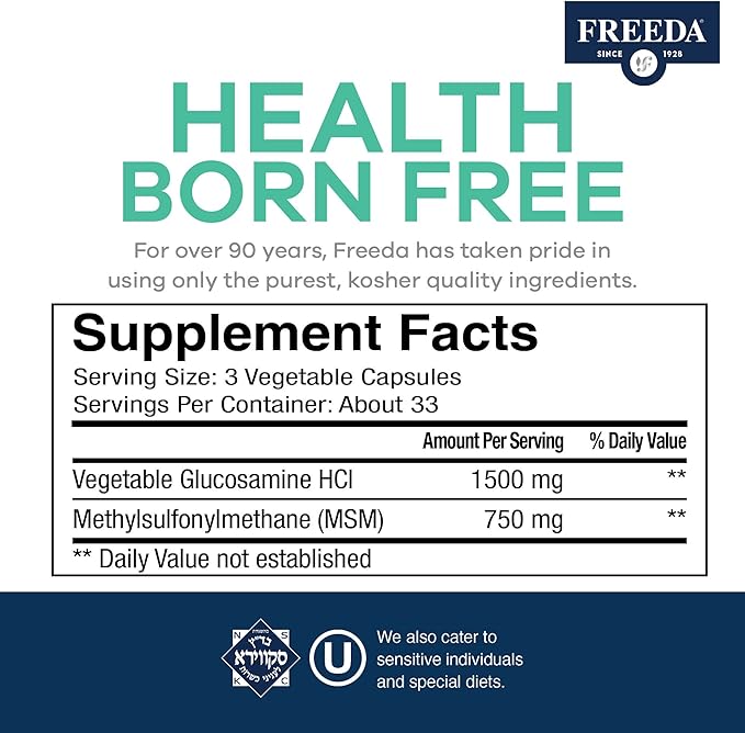 FREEDA Glucosamine MSM – Vegan Joint Flexibility & Mobility Supplement – Vegetarian Glucosamine Without Shellfish – Supports Joint Function – Third-Party Tested – (100 Capsules)