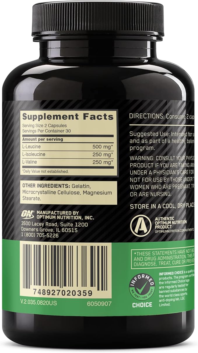 Optimum Nutrition Instantized BCAA Capsules, Keto Friendly Branched Chain Essential Amino Acids, 1000mg, 60 Count