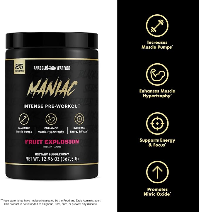 Anabolic Warfare Black Series Maniac, Pre-Workout Powder, Supports Nitric Oxide, Muscle Pumps, and Protein Synthesis* Guerilla Grape