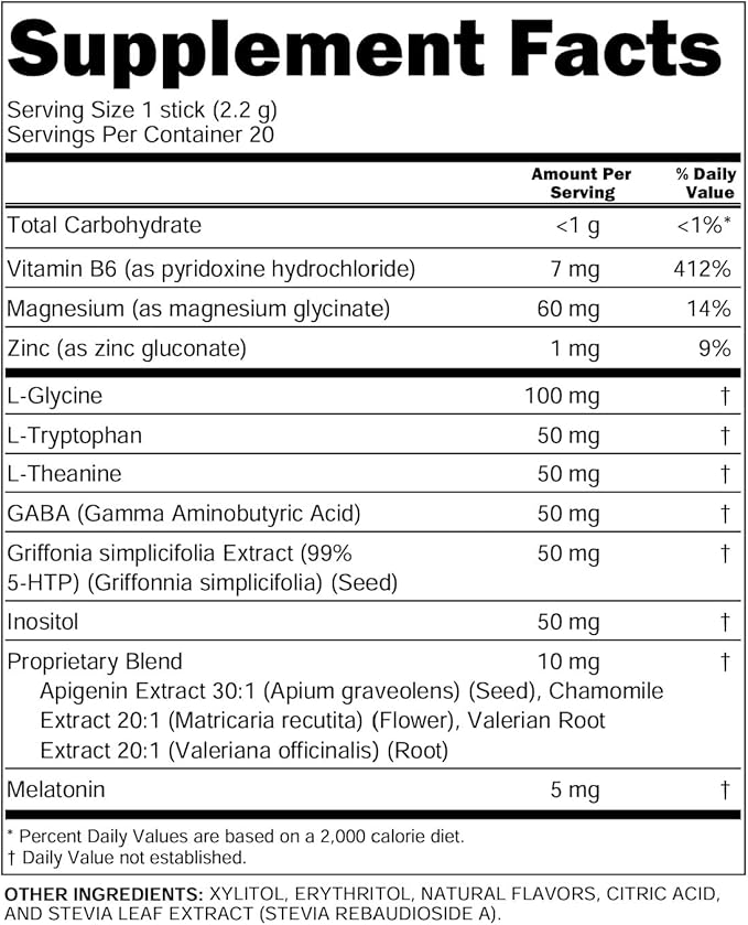 Sleep Aid Melatonin Powder Tryptophan Glycine Valerian Root Magnesium For Sleep Lemon Balm L Theanine Magnesium Glycinate Zinc Sleep Aid Myo Inositol GABACalm B6 5 HTP Stress Relief 20 Stix