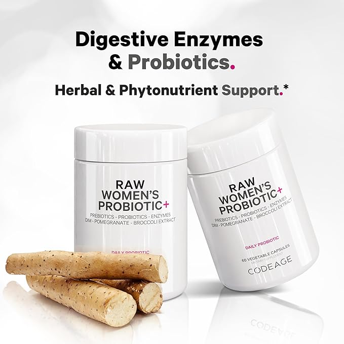 Codeage Raw Women’s Probiotic+ Supplement - 34 Probiotic Strains, 100 Billion CFUs, Digestive Enzymes, Prebiotic Blend, DIM, Herbal Extracts, Phytonutrients - Non-GMO - 30 Capsules