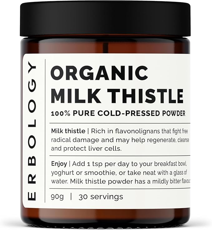 Erbology Organic Milk Thistle Powder 3.2 oz - 30 Servings - 180mg Silymarin per Serving - Liver Health - Cold-Pressed from 100% Milk Thistle Seeds - Sustainably Sourced in Europe - Vegan - GMO-Free