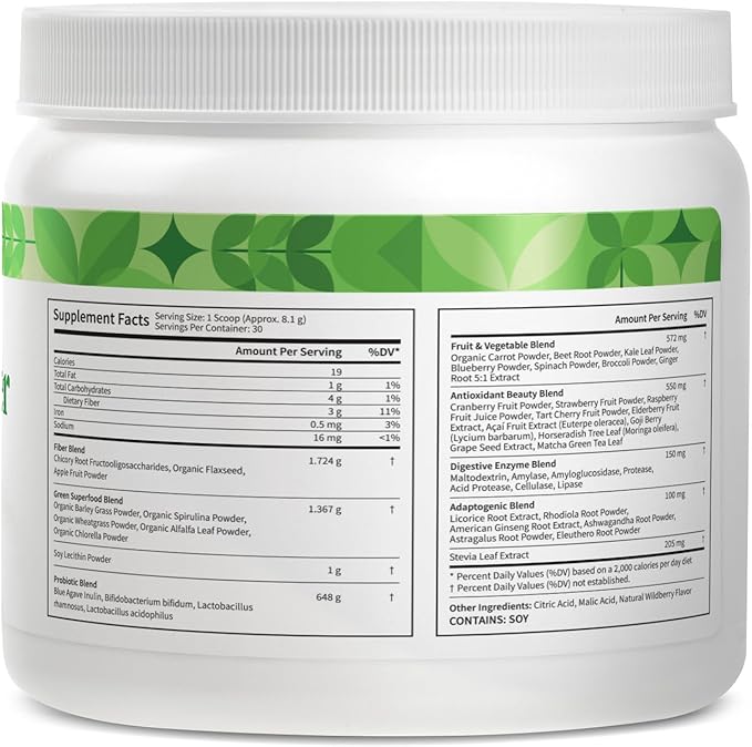 Pattern Wellness Greens Powder Superfood - Complete with Antioxidant, Digestive Enzyme, Fiber, Probiotic, & Adaptogen Blends - Gut, Digestion, & Immune System - 30 Servings - 8.6 oz (Wildberry Flavor)