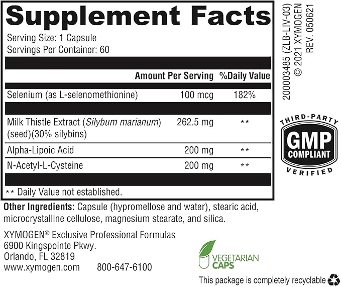 XYMOGEN Liver Protect - Supports Liver Health + Glutathione Production - Milk Thistle Extract, ALA Alpha-Lipoic Acid, N-Acetyl-L-Cysteine, Selenium L-Selenomethionine (60 Capsules)