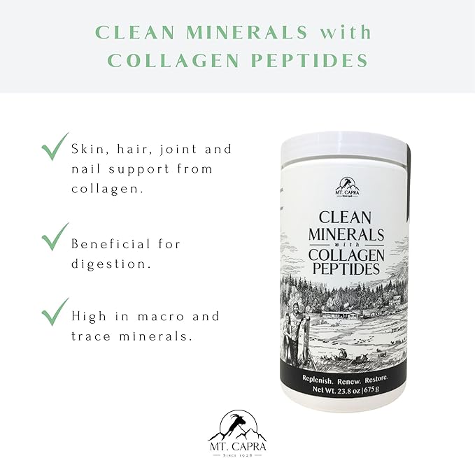 Mt. Capra Clean Minerals with Collagen Peptides | Whole Food Minerals from Goat Milk Whey and Grass-Fed Type I and III Collagen Peptides | 10 g Protein per Serving | Unflavored | 20 Servings - 23.8 oz