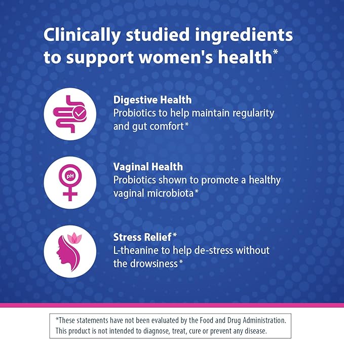 Florastor Her Digest and De-Stress Women's Probiotic and Stress Relief Supplement, Probiotics for Digestive Health, Vaginal Probiotics, and L-Theanine for Mind and Body Wellness, 30 Capsules