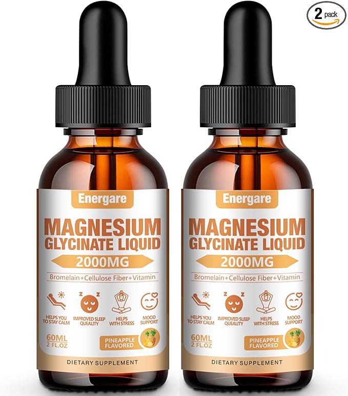 2 Pack 2000MG Magnesium Glycinate Liquid Drops Supplement for Kids & Adults - Cellulose Fiber, Bromelain, Vitamin B6, C, D, Zinc - Energy, Sleep, Clam, Pineapple Flavor, 4 Fl oz