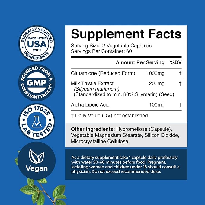 Reduced Glutathione Supplement with Milk Thistle - 1000mg Per Serving Plus Alpha Lipoic Acid and Silymarin Milk Thistle Complex for Liver Support Skin Complexion and Immune Support (60 Servings)