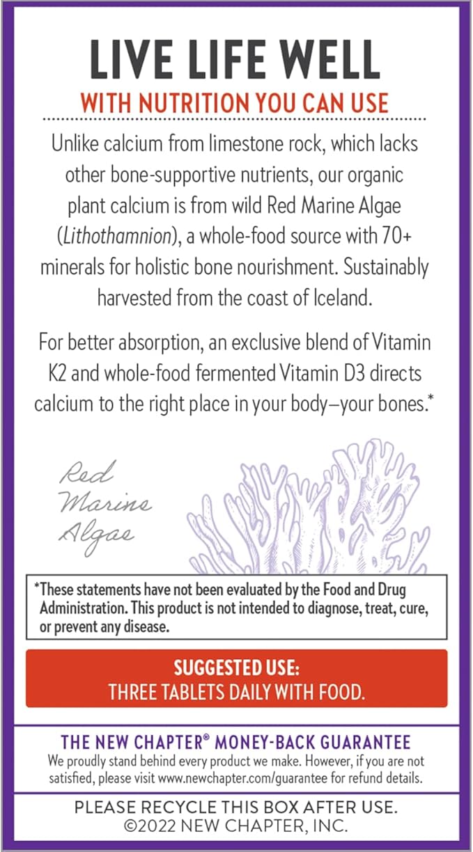 New Chapter Calcium Supplement - Bone Strength Organic Calcium with Magnesium, Vitamin D3+K2, 70+ Trace Minerals for Bone Health, Gluten Free, Easy to Swallow Slim Calcium Tablets - 60 Count