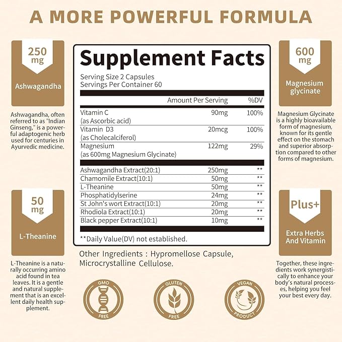 10-in-1 Cortisol Supplements with Magnesium, Ashwagandha, Chamomile, L-Theanine, Phosphatidylserine, St. John's Wort, Rhodiola, Vitamin C & D3, for Women Men, 120 Vegan Capsules for 2 Month, Non-GMO