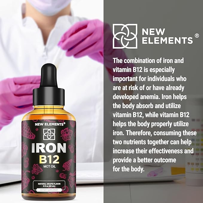 Liquid Iron Supplement for Women & Men with Vitamin B12 5000mcg - Free Blood Builder for Anemia - Liquid Vitamin B12 Drops for Adults with MCT Oil, Natural Grape Flavor, 2 Fl Oz
