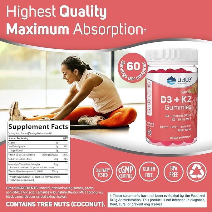 Trace Minerals | Vitamin D3 + K2 Gummies | 5,000 IU D3 + 50 mcg K2 | Vegan, Sugar Free, Gluten Free, Natural Strawberry Flavor | 60 Servings