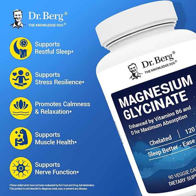 Dr. Berg Magnesium Glycinate with Vitamin D, B6 & Zinc for Stress Relief, Calm, Relaxation, & Good Sleep* - 120 mg Per Magnesium Bisglycinate Capsule - Chelated Magnesium Glycinate - 90 Caps