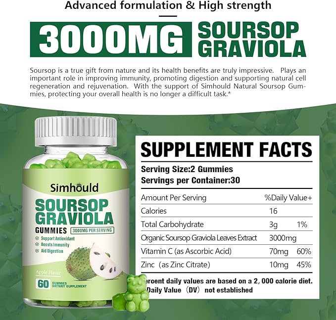 1 Pack Soursop Graviola Gummies - 3000mg Extra Strength Soursop Leaves Supplement with Vitamin C, Zinc - Digestive Aid, Immune Support & Antioxidant - Sugar-Free, Non-GMO, Vegan, 60 Counts