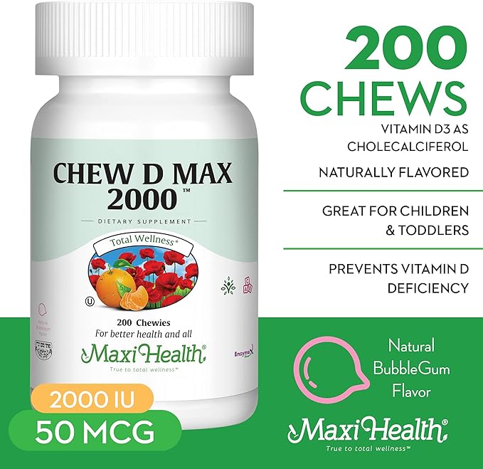 Maxi Health Chewable Vitamin D3 2000 IU Supplement - Delicious Natural Bubble Gum Flavor - Supports Calcium Absorption, Immune and Bone Health in Adult Women, Men, Children & Toddlers - 200 Chews