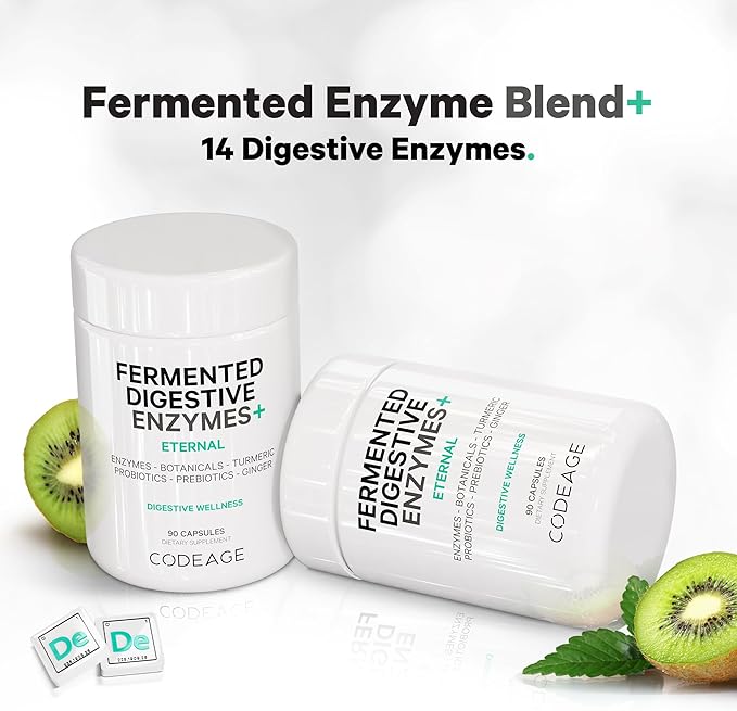 Codeage Fermented Digestive Enzymes Supplement 3-Month Supply - 14 Digestive Enzymes, Probiotics, Prebiotics, Fermented Botanicals, Plant-Based Multi Pancreatic Enzymes - 1 Capsule a Day - 90 Capsules