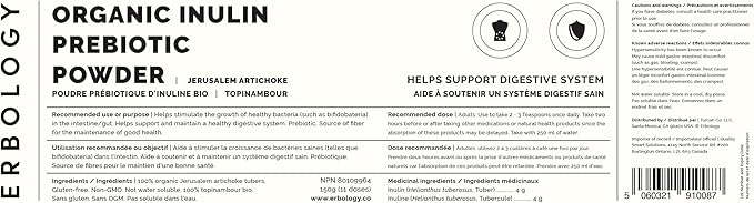 Erbology Organic Jerusalem Artichoke Powder 3.2 oz - 45 Servings - Sunchoke - 50% Prebiotic Inulin Fiber - Supports Gut Health and Promotes Diverse Microbiome - Feed Good Bacteria - Gluten-Free