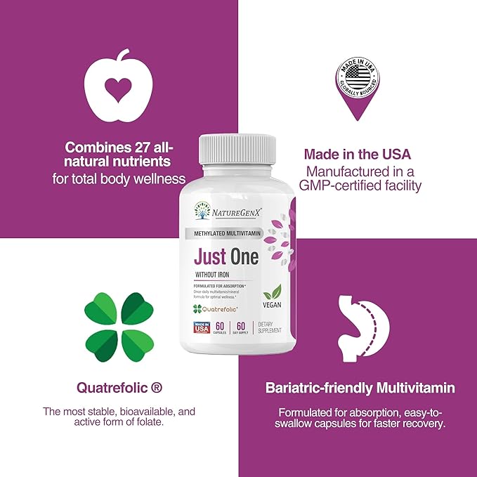 Just One Daily Methylated Multivitamin with Methyl B12, Quatrefolic Methylfolate, Pure MTHFR Supplement for Men and Women Without Iron, 2 Bottles (60 Vegan Capsules), USA-Made