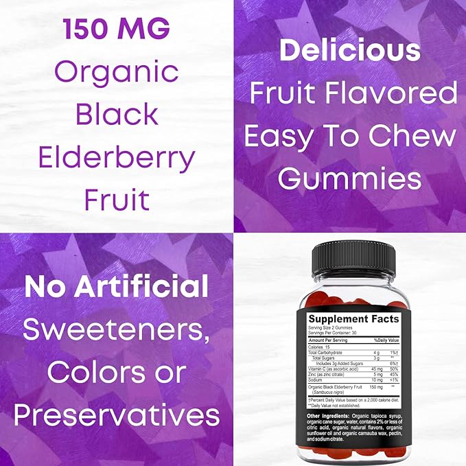USDA Organic Elderberry Gummies - High Potency 150mg Organic Elderberry Gummies for Adults & Kids with Vitamin C & Zinc - Immune Support Gummies - Vegan, Gelatin & Gluten Free - 60 Count