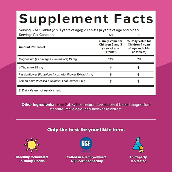 Renzo's Captain Calm, Kids Magnesium Supplement with L-theanine, Dissolvable Kids Vitamins for Relaxation and Mood Support, Sugar-Free Calming Supplement, 60 Green Apple Flavored Melty Tabs